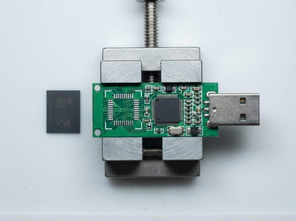 Flash drive circuit board with the NAND memory chip removed for chip-off data recovery