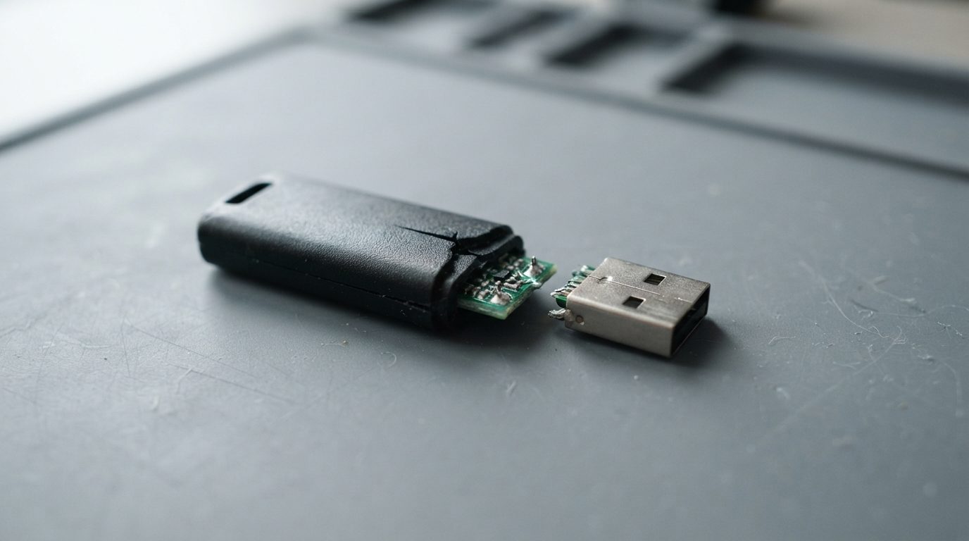 Broken flash drive snapped in two, with the bent metal USB plug separated from the cracked plastic body