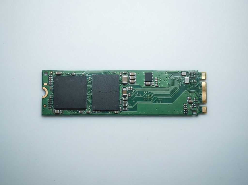 Hairline crack across an M.2 NVMe SSD circuit board between the controller and NAND chip, a common broken SSD fault