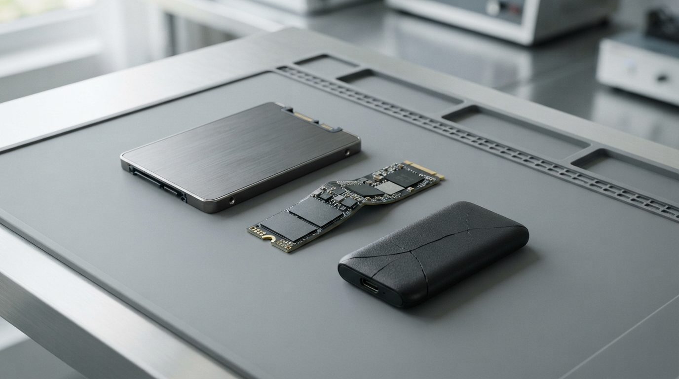 Broken SSD examples: a 2.5-inch SATA SSD, a bent M.2 NVMe stick and a cracked portable SSD on an anti-static mat