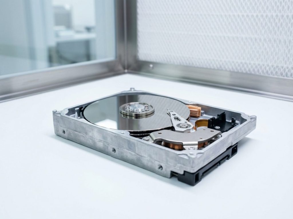 Opened hard drive on a white surface under a laminar-flow clean bench for clicking hard drive head repair