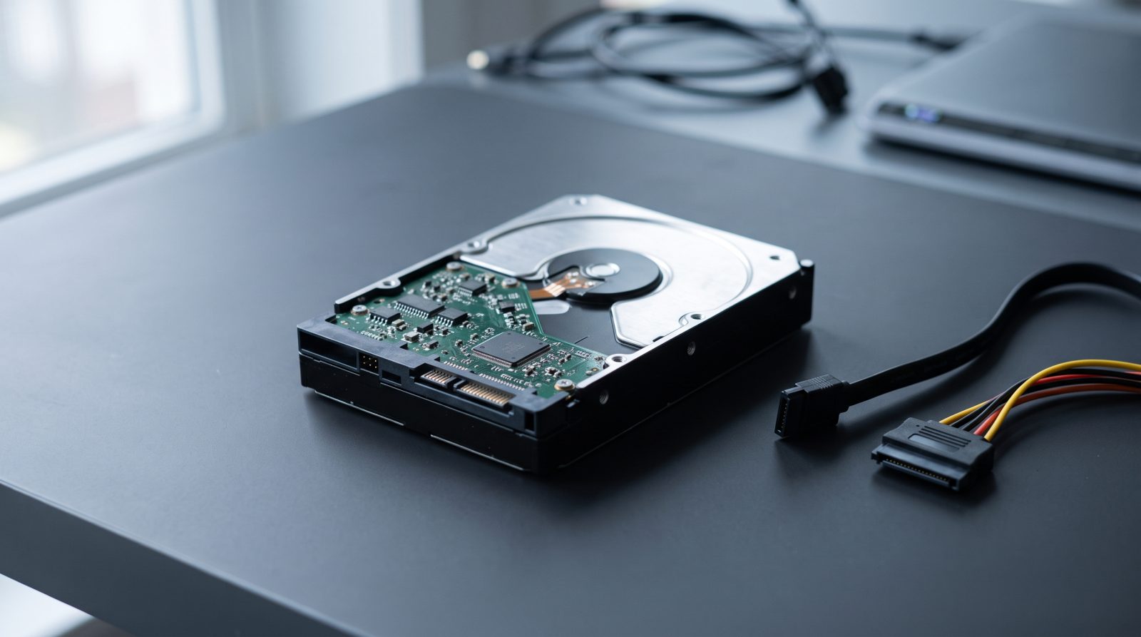 Disconnected 3.5-inch hard drive with unplugged SATA cables after a clicking hard drive was powered off
