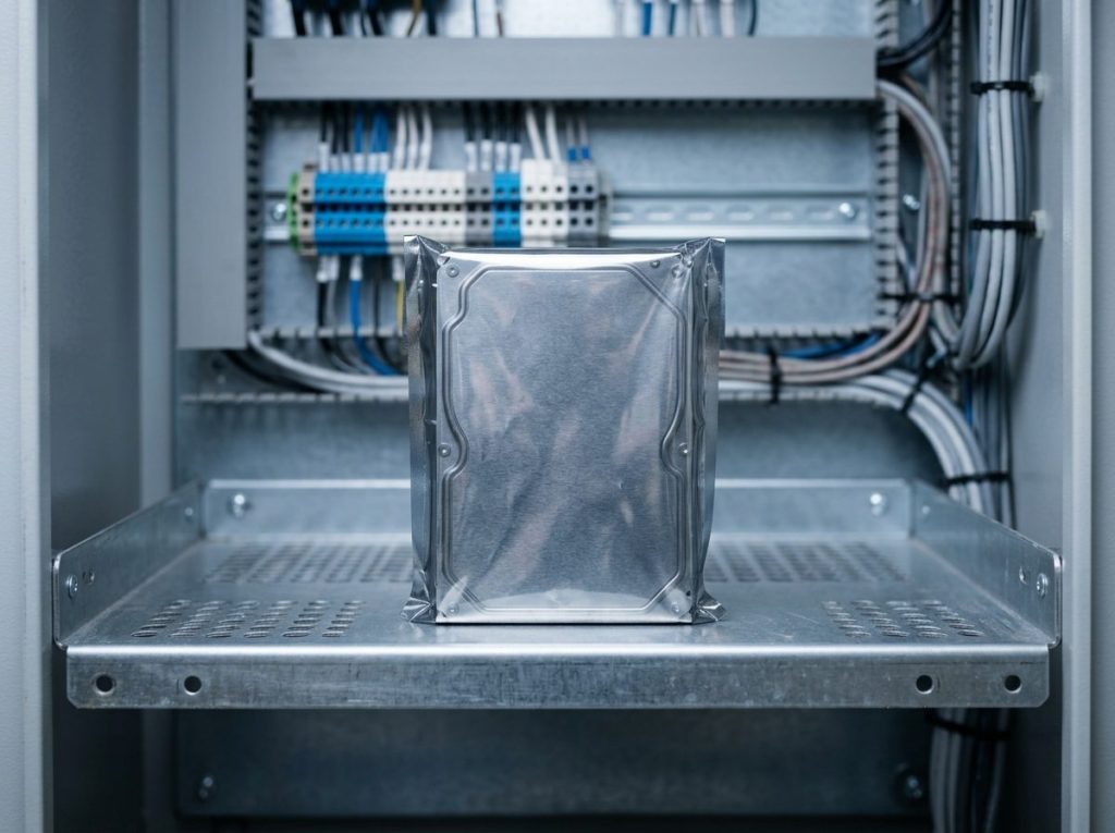 Spare hard drive in an anti-static bag stored in a factory cabinet, ready to swap into a CNC computer