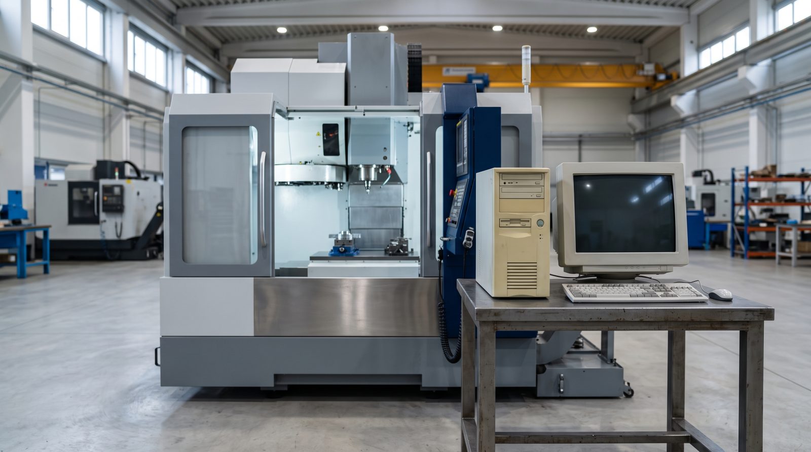 Old 1990s desktop computer beside a large CNC machine on a factory floor, the kind of setup behind a CNC hard drive failure