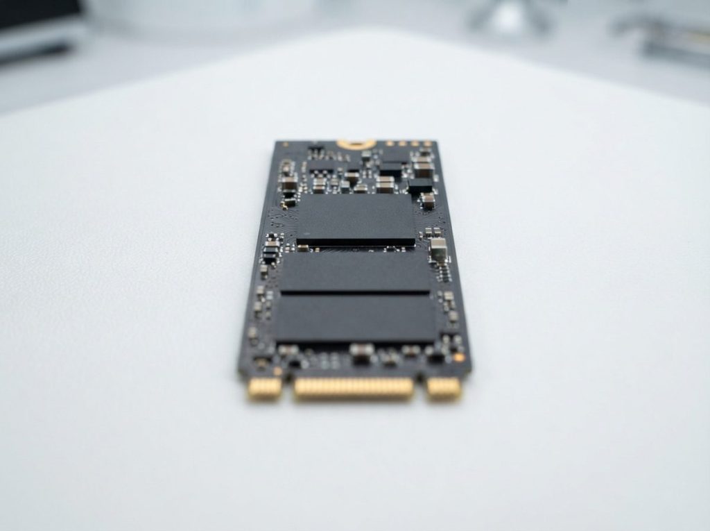 Close-up of an NVMe SSD board showing the controller chip and NAND flash packages used in SSD data recovery