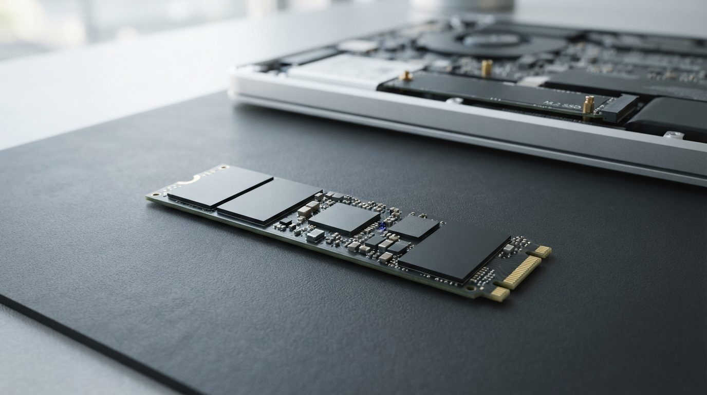 Crucial P3 Plus style M.2 2280 NVMe SSD lying next to an open laptop M.2 slot, illustrating failed SSD data recovery