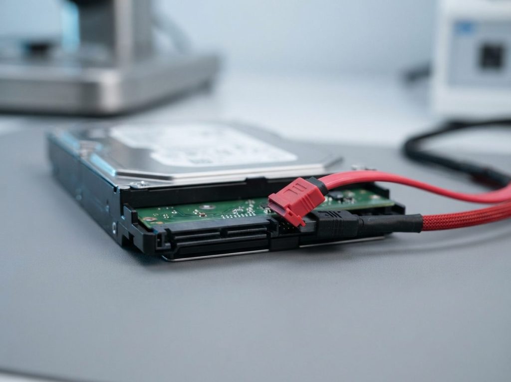 Partly unseated SATA data cable on a hard drive connector, a common cause of interface CRC errors
