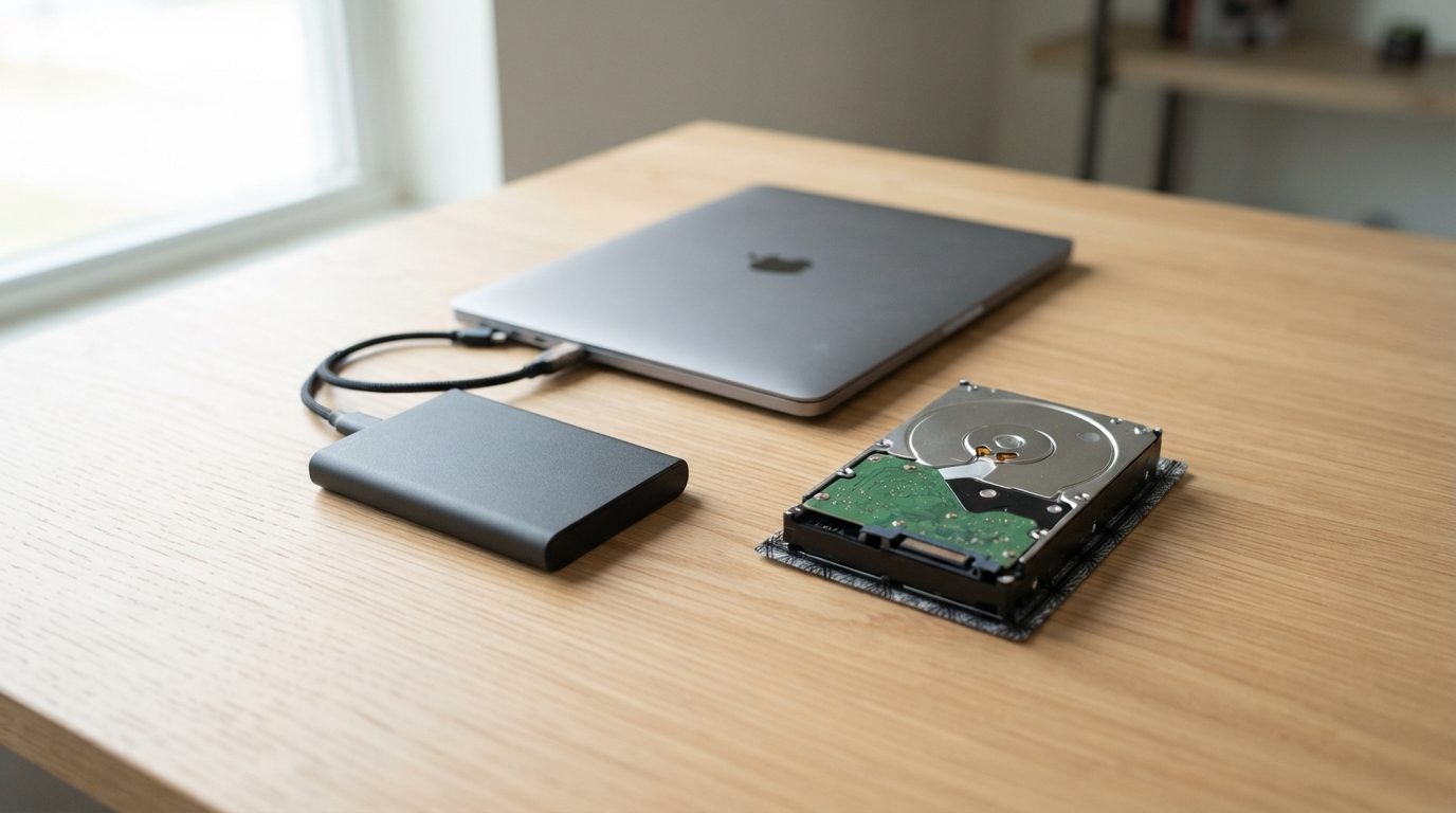 Portable external hard drive connected to a laptop beside a sealed internal hard drive, illustrating a cyclic redundancy check error
