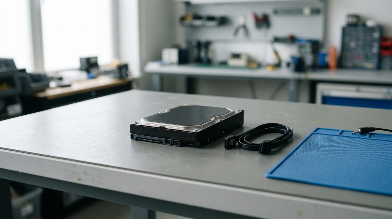 Desktop hard drive with a SATA cable on a clean grey workbench, ready for data recovery assessment