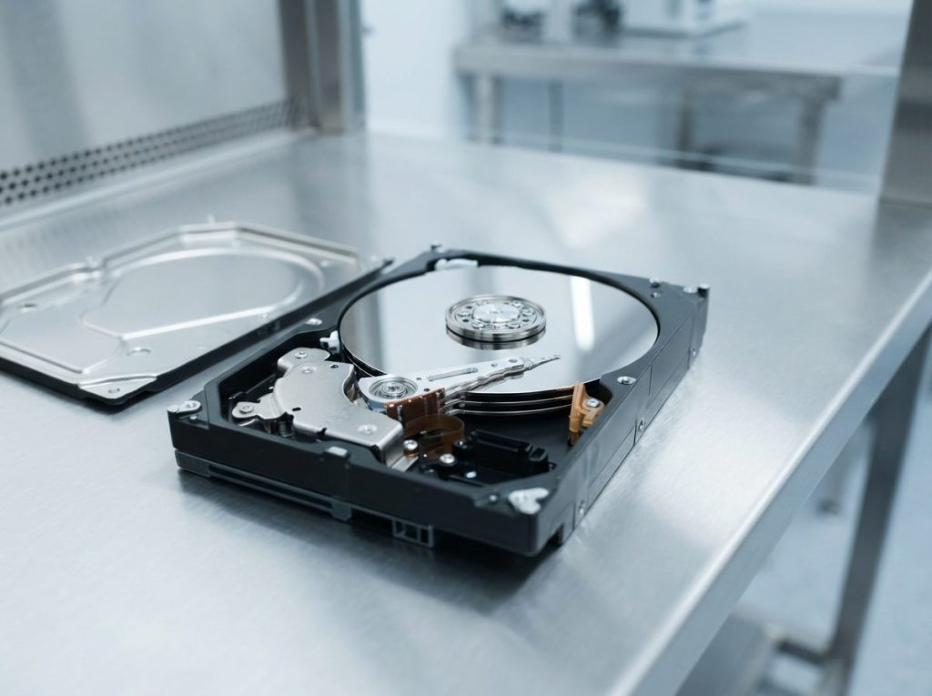 Opened hard drive with heads parked on the ramp under a clean bench, showing why physical data recovery costs more