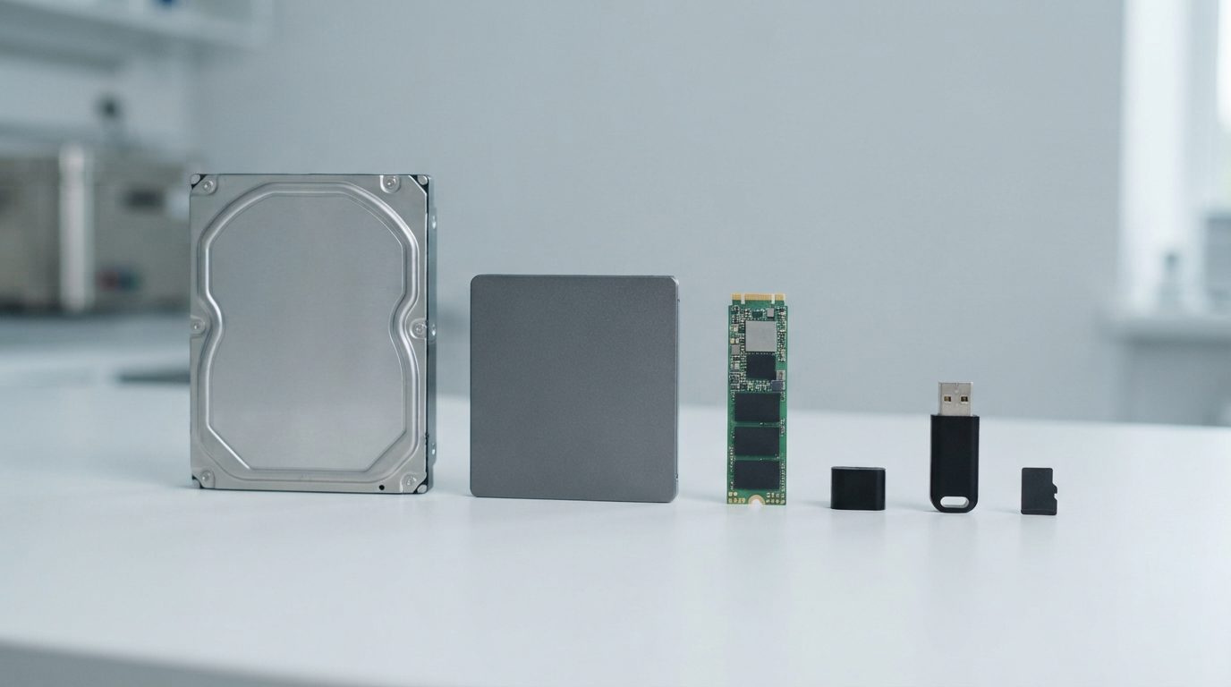 Hard drive, SSDs, USB flash drive and SD card lined up on a white lab bench, showing the range of devices data recovery pricing covers