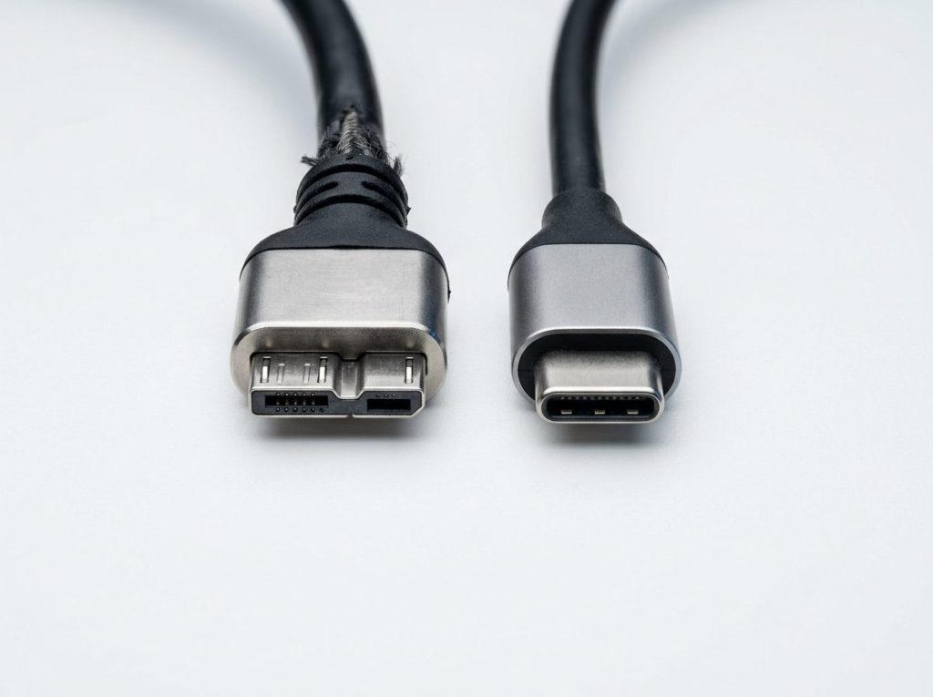 Close-up of a worn USB 3.0 Micro-B cable and a USB-C cable, a common reason an external drive is not detected