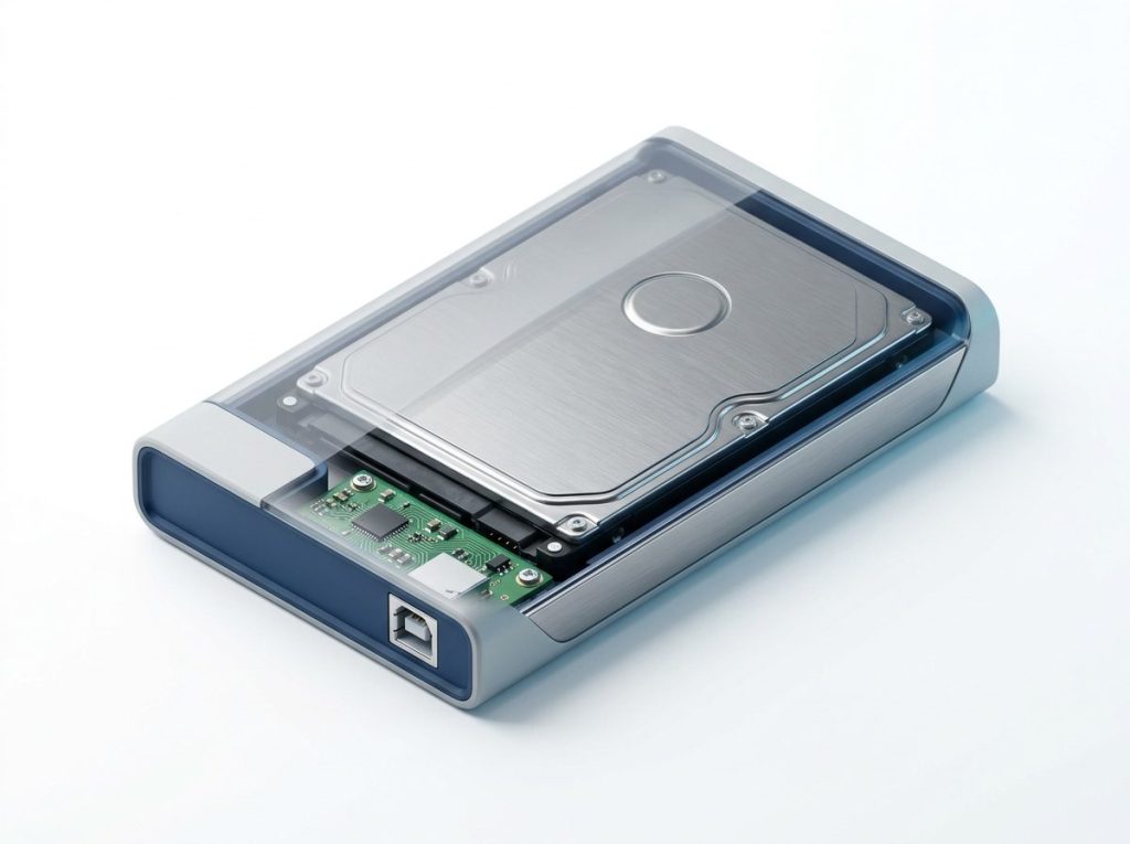 Cutaway illustration of an external hard drive enclosure showing the internal drive and USB bridge board