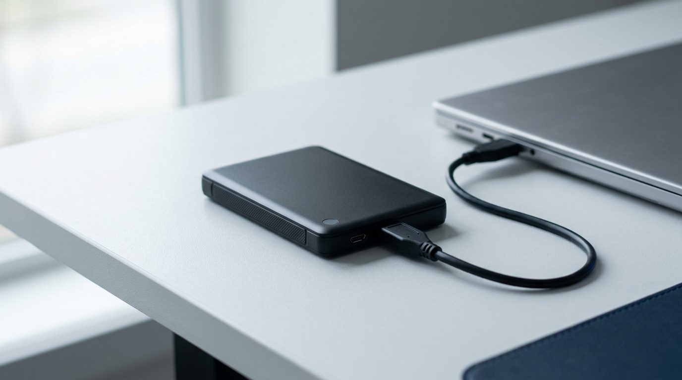 Portable external hard drive connected to a laptop by USB cable, illustrating a drive not showing up in Windows