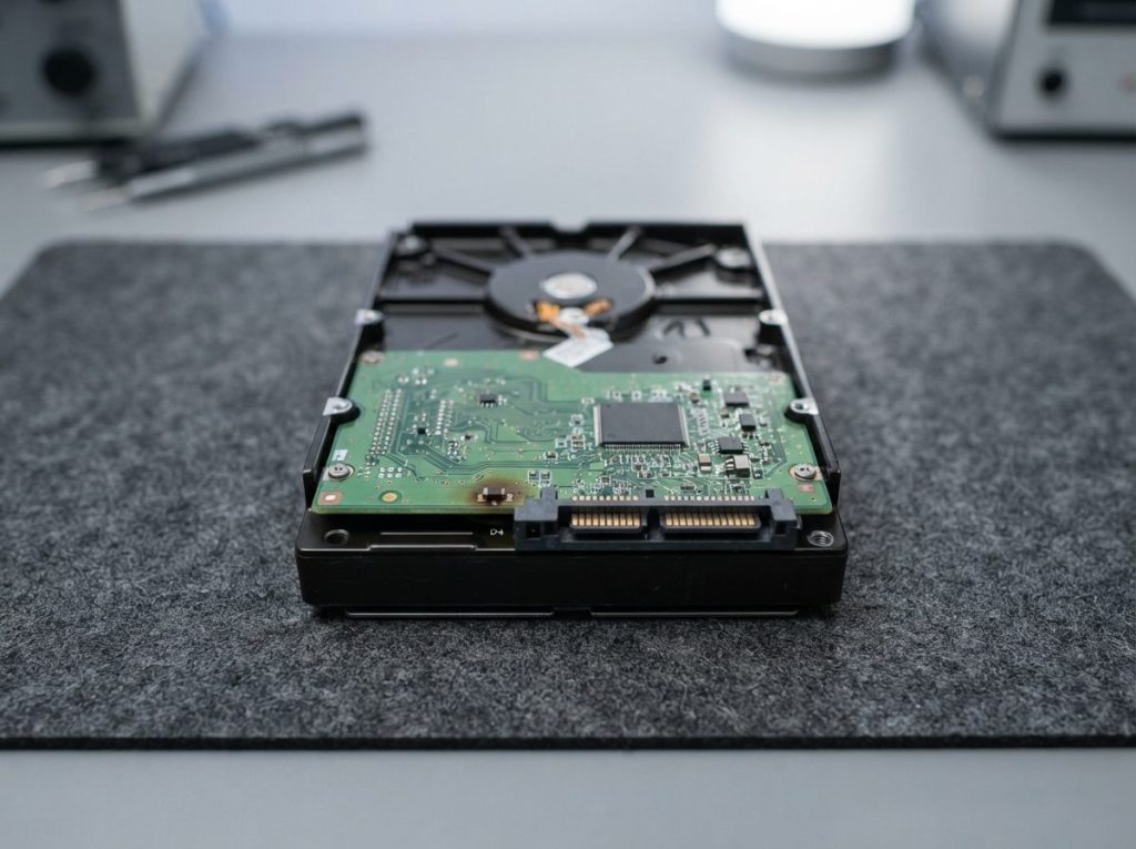 Hard drive circuit board with a scorched protection diode near the power connector after a power surge