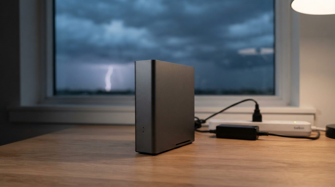 Desktop external hard drive and power adapter beside a surge protector during a thunderstorm