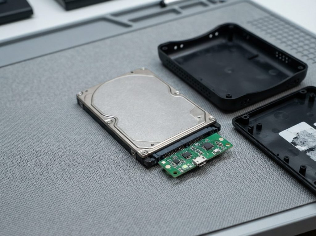 Sealed 2.5-inch hard drive connected to a small USB-to-SATA bridge board from an external hard drive enclosure