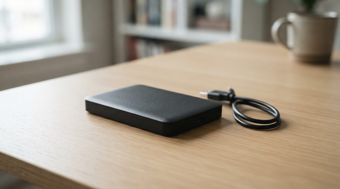 Portable external hard drive with an unplugged USB cable on a desk, waiting for repair or data recovery