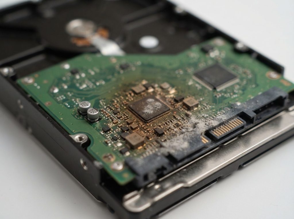 Heat-discoloured circuit board on the underside of a fire damaged hard drive with ash residue