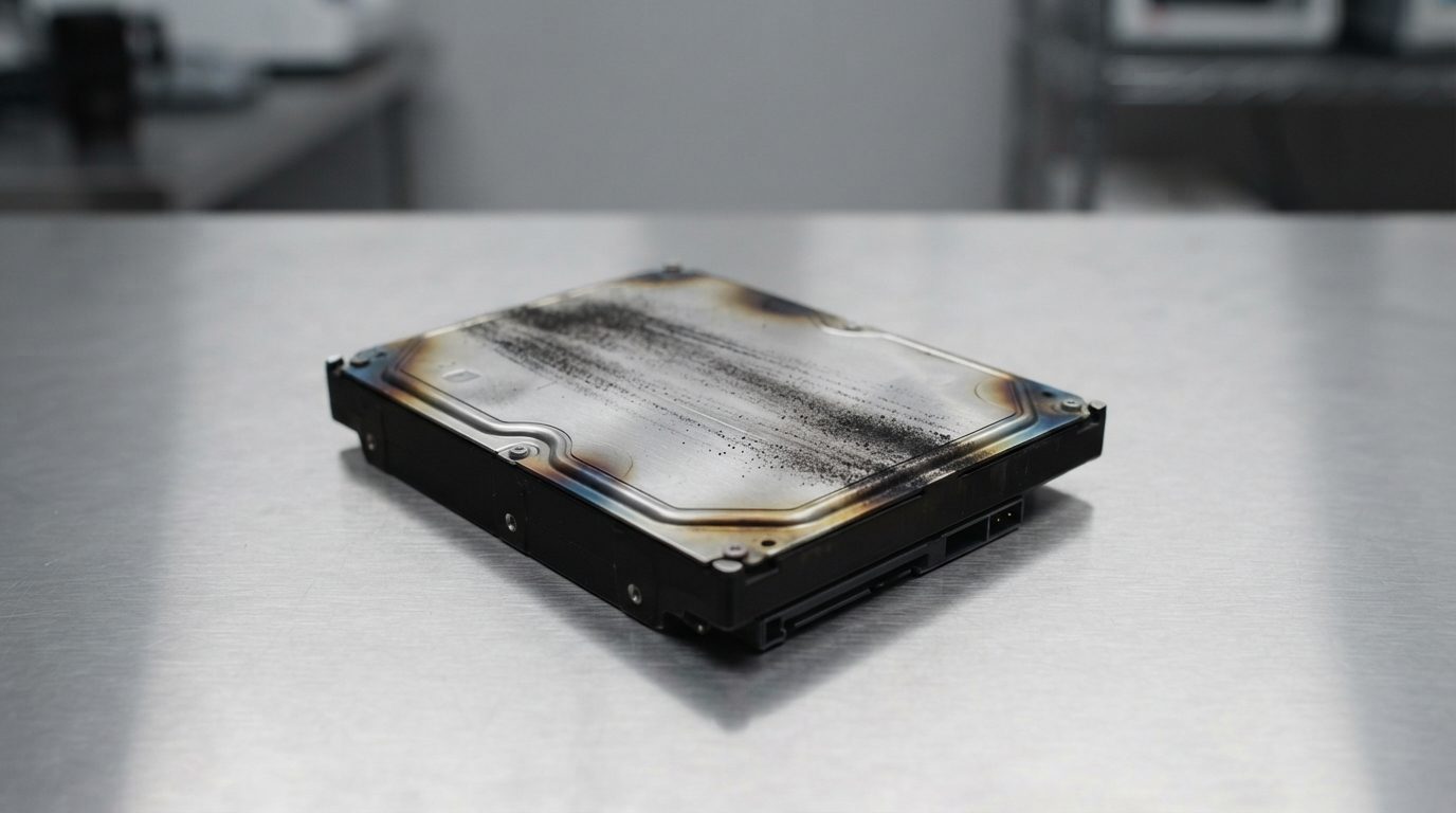 Soot-covered fire damaged hard drive lying on a clean stainless steel surface