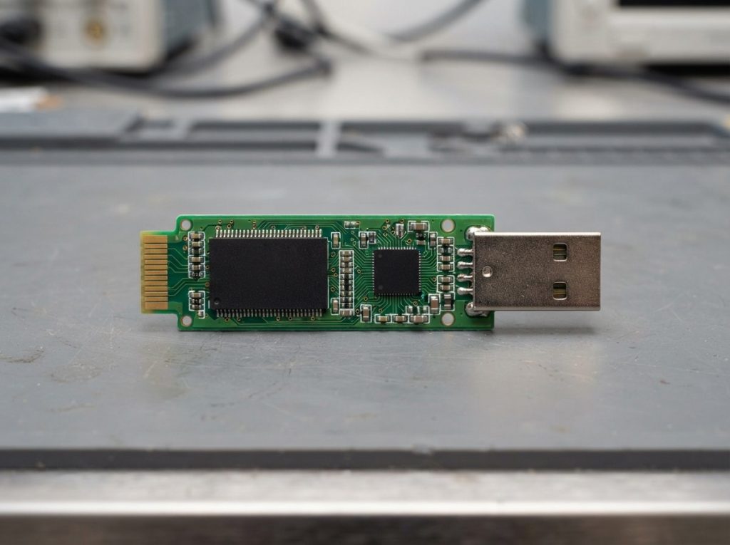 Bare USB flash drive circuit board showing the controller chip and NAND memory chip on an anti-static mat