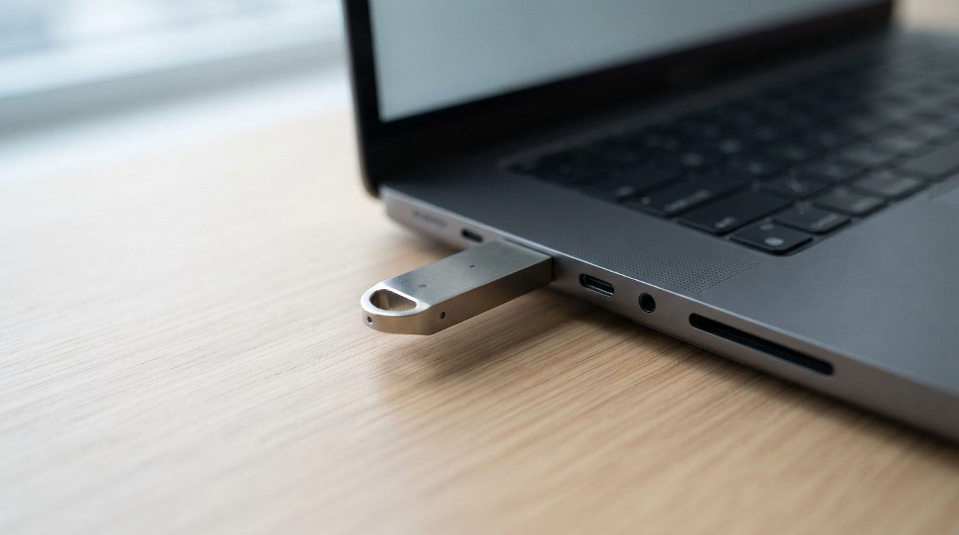 USB flash drive plugged into a laptop port with its activity light off, not showing up