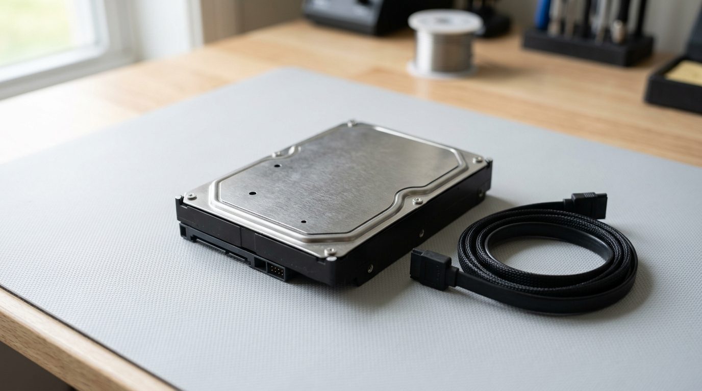 Unplugged 3.5-inch hard drive resting on an anti-static mat beside a coiled SATA cable on a workbench