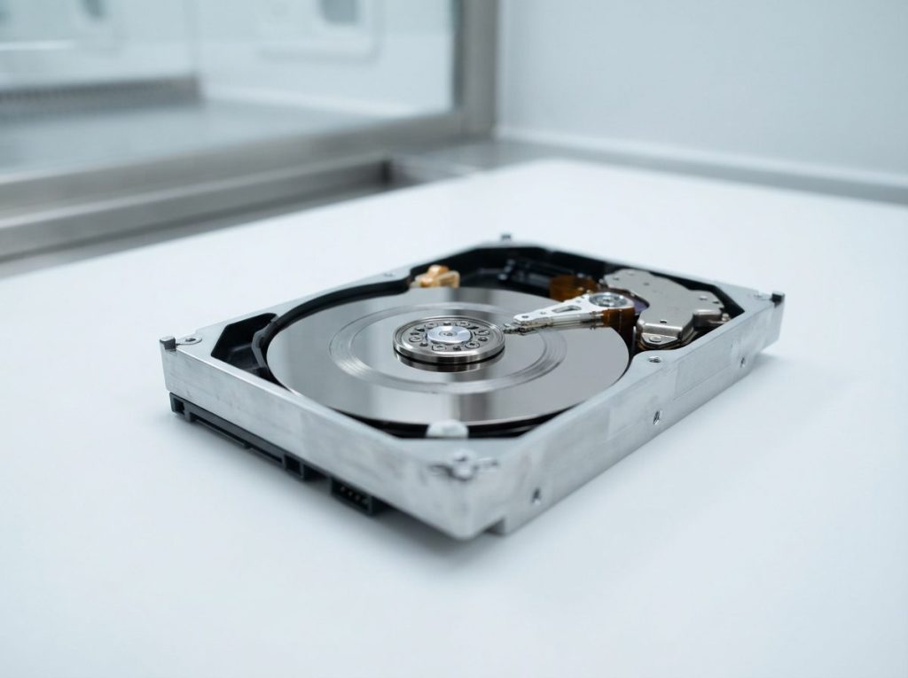 Opened hard drive in a cleanroom showing a scored ring on the platter caused by a head crash and grinding noise