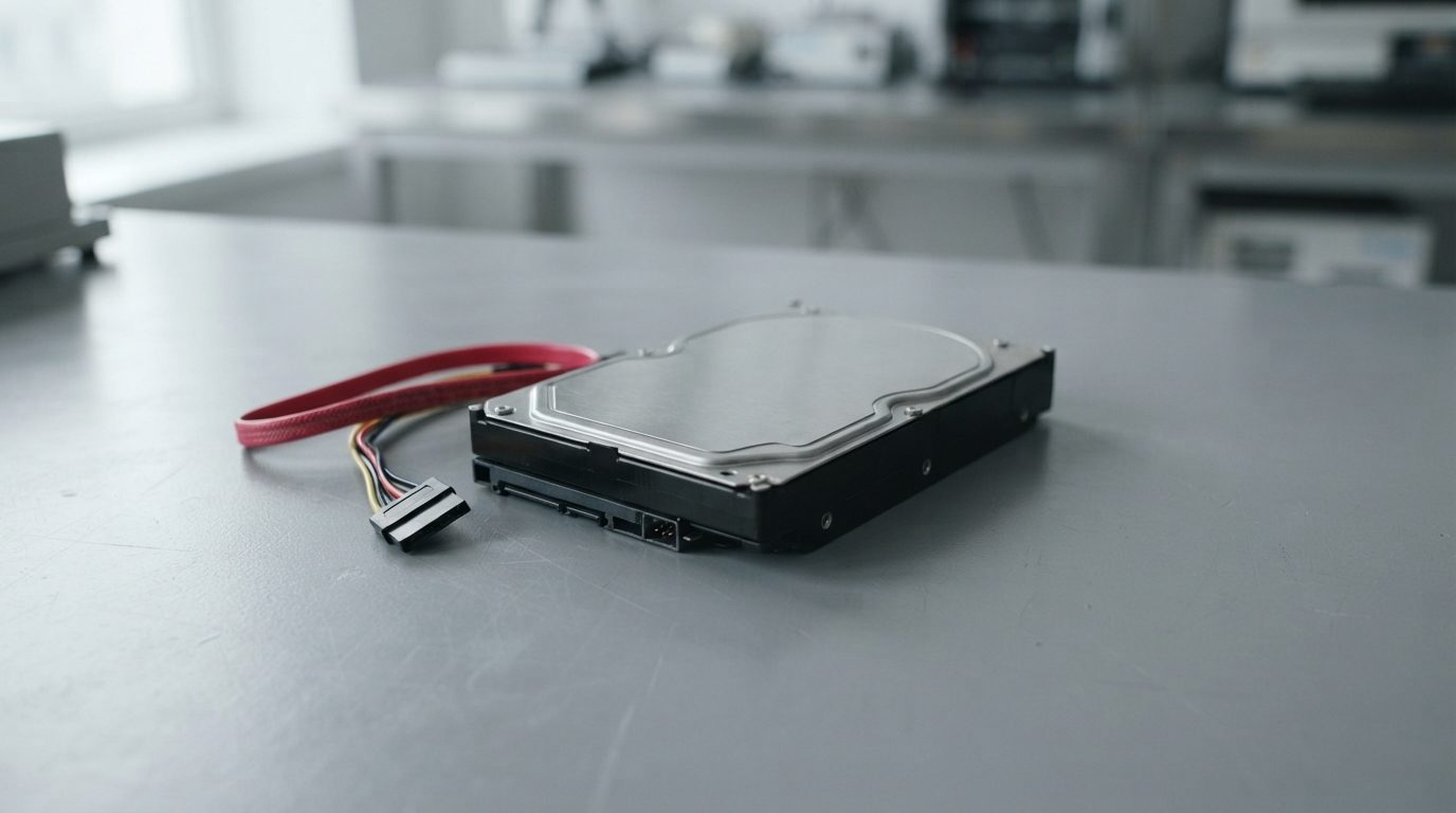 Closed 3.5-inch hard drive with cables unplugged beside it, the safe first step after a hard drive grinding noise