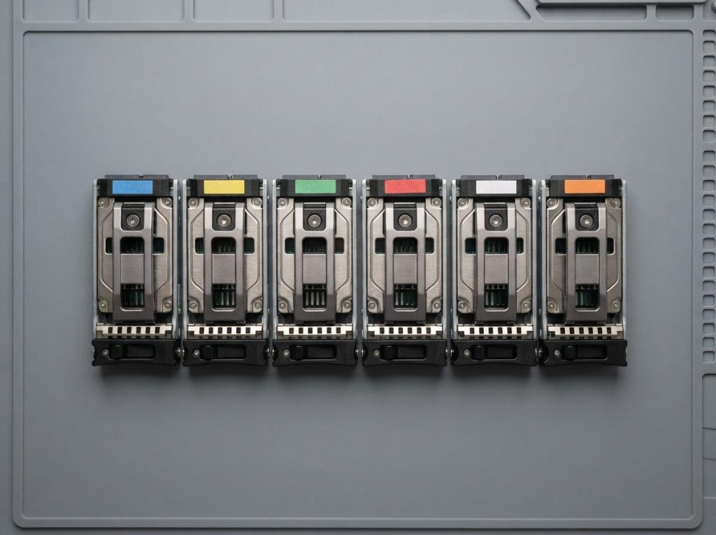 Six SAS server drives in carriers laid out in bay order with tape markers before HP ProLiant data recovery