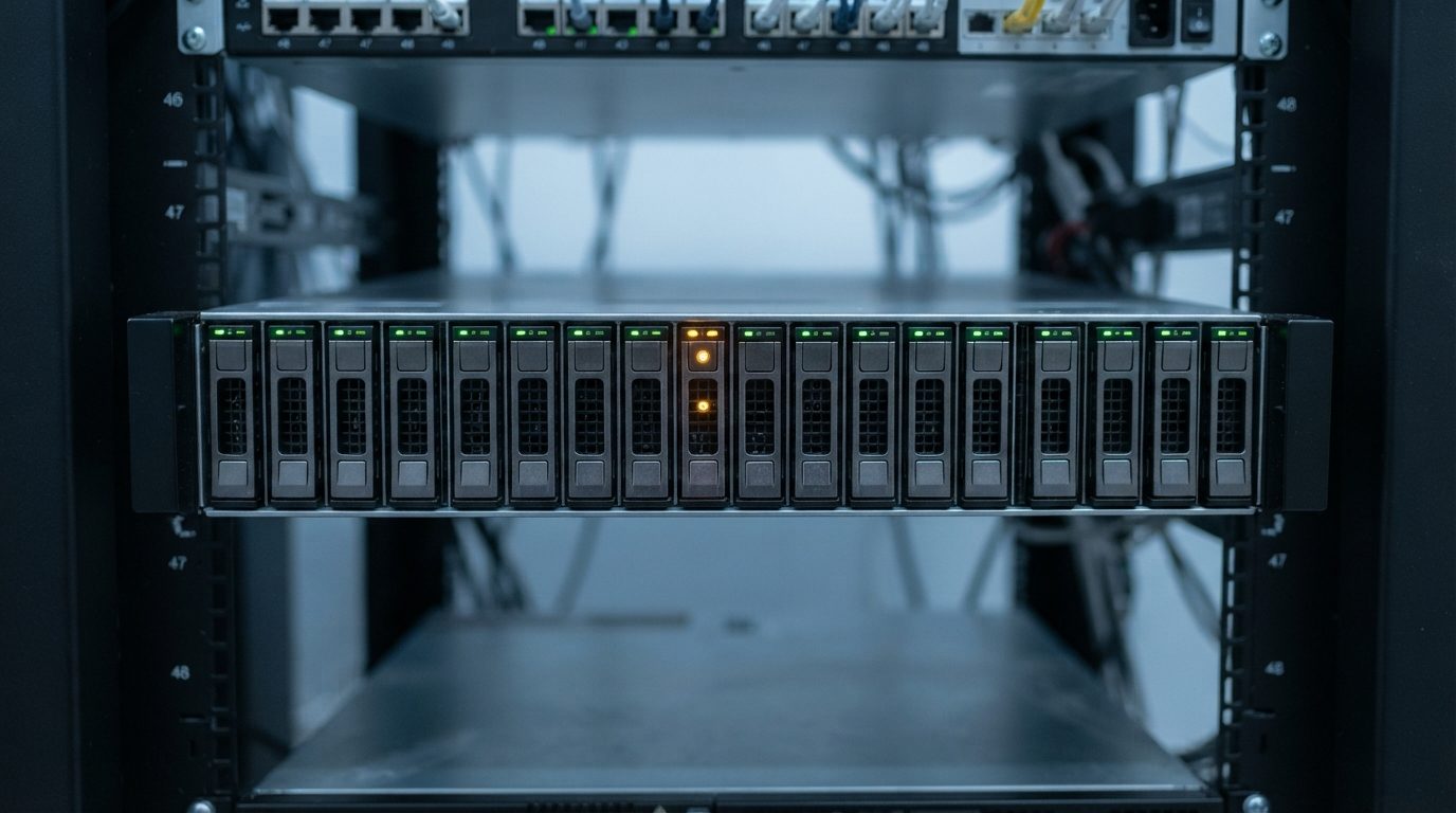 Rack server front panel with one drive bay showing an amber warning light, a typical HP ProLiant data recovery scenario