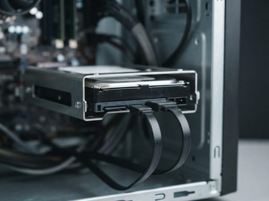 SATA data and power cables connected to an internal hard drive in a desktop drive bay