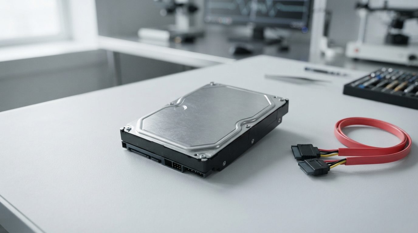 Internal 3.5-inch hard drive beside a SATA data cable and power connector on a clean workbench