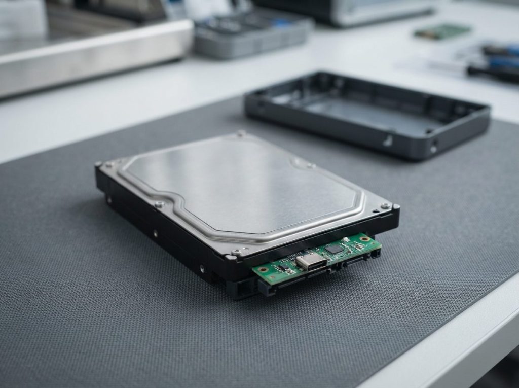 Closed SATA hard drive with a USB bridge board attached, showing the two parts inside an external hard drive