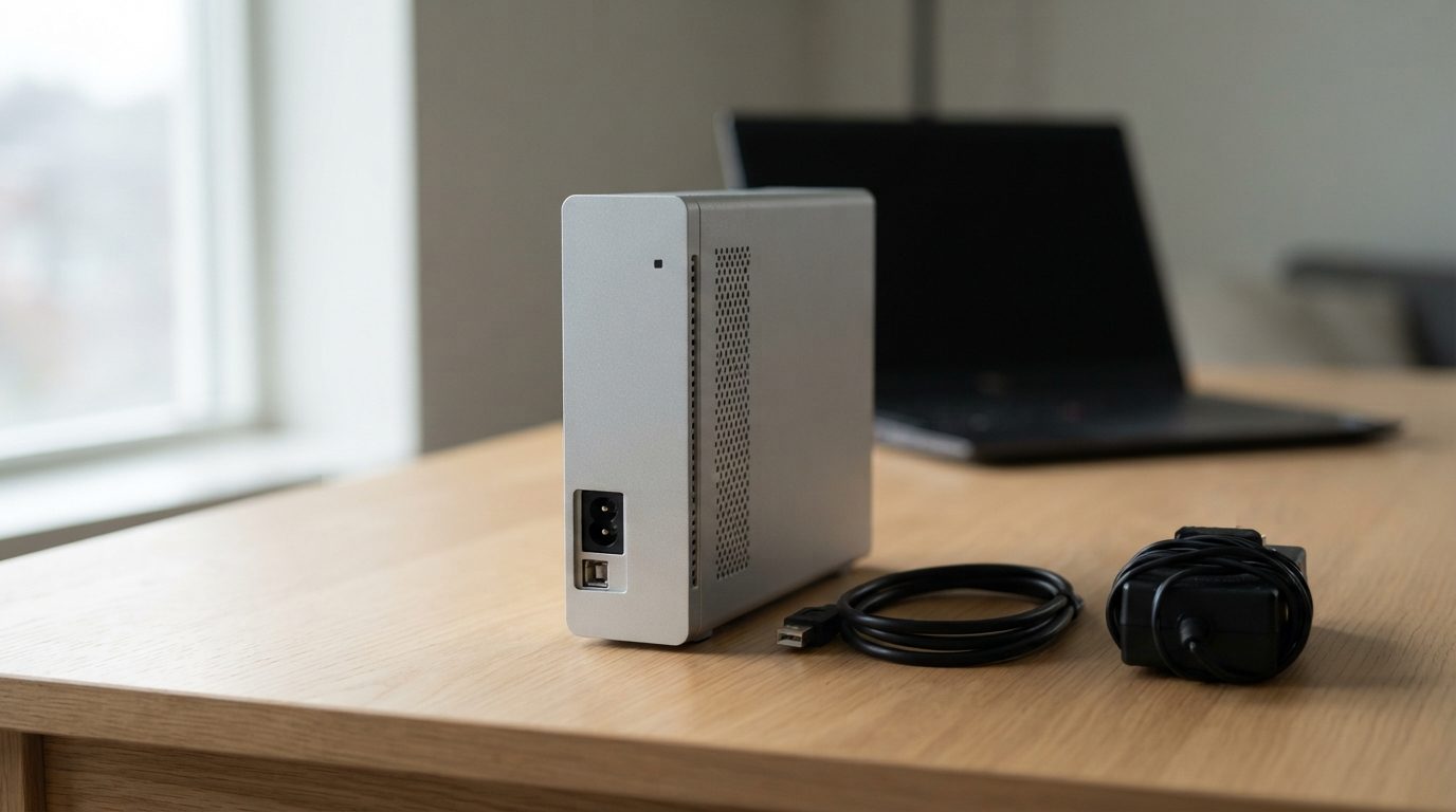 Older silver desktop external hard drive with USB cable and power adapter, a typical unit that may stop showing up