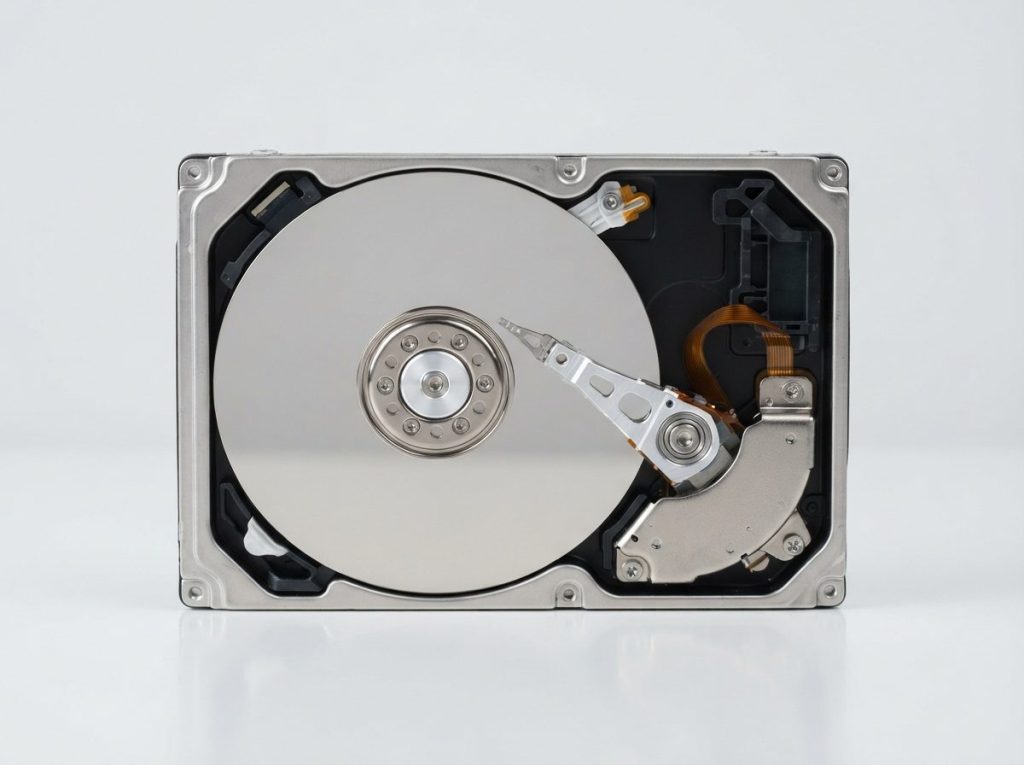 Cutaway of a 2.5-inch hard drive with read/write heads stuck on the platter, a common cause of beeping