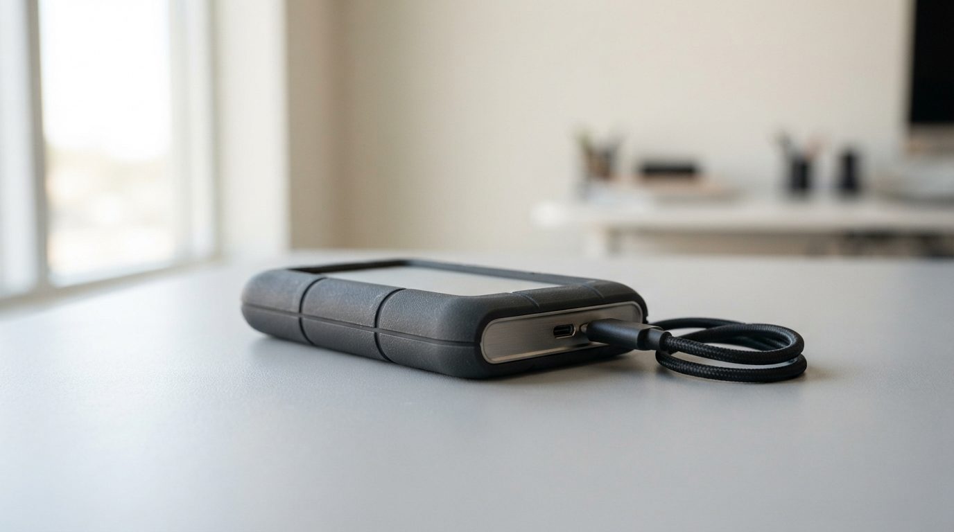 Unplugged rugged portable external hard drive with its USB-C cable disconnected beside it on a desk