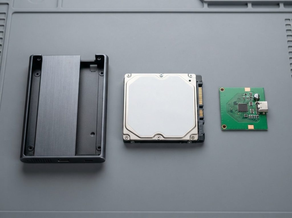 Sealed 2.5-inch hard drive beside its USB bridge board and empty enclosure shell from an external drive