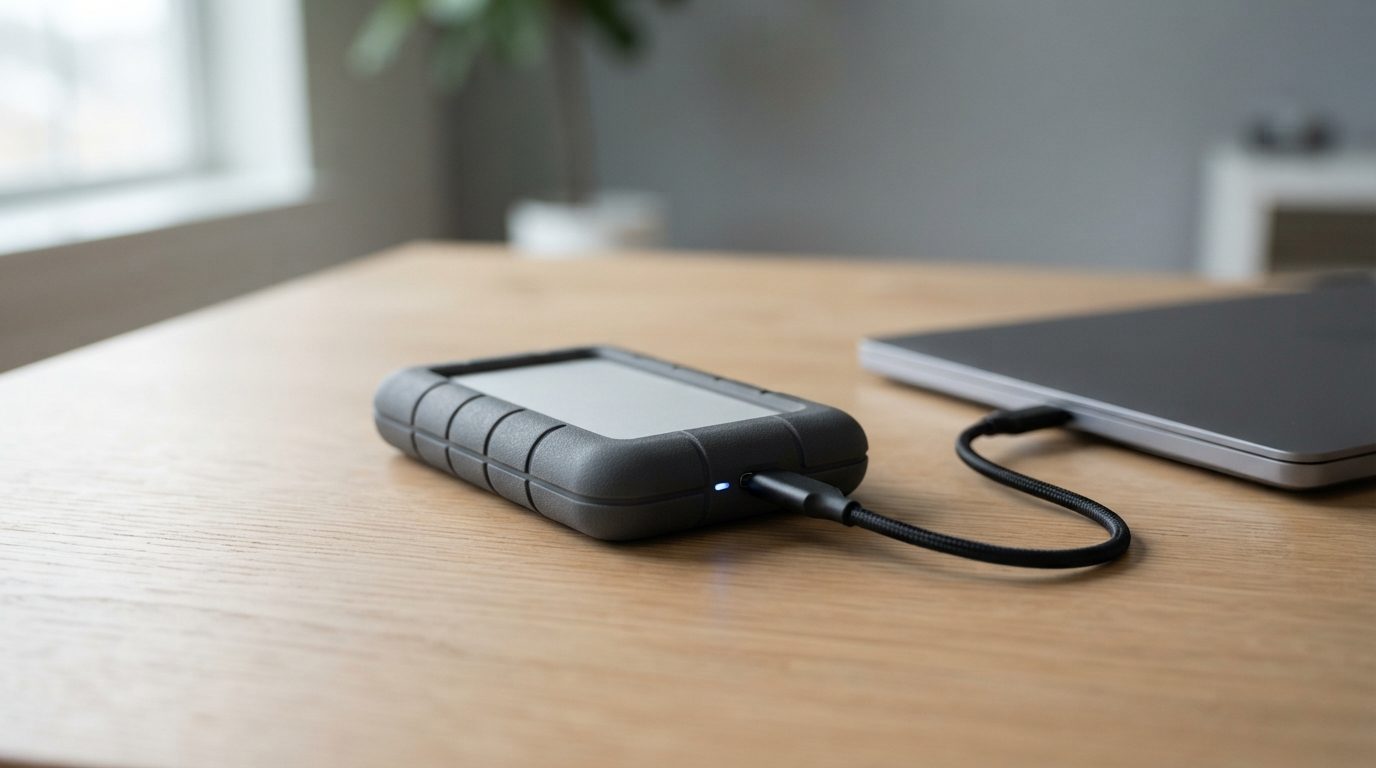 Portable external hard drive with rubber bumper connected by USB-C cable to a laptop, not showing up