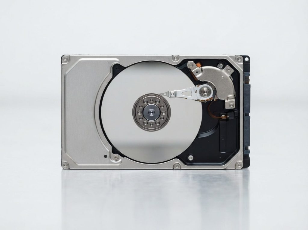 Cutaway of a 2.5-inch laptop hard drive showing the platter, spindle and read/write heads parked on the ramp