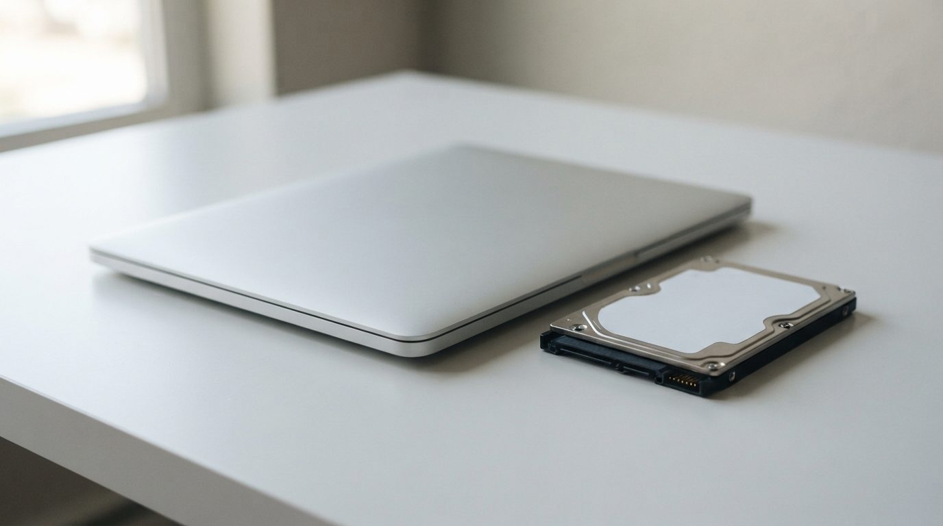 Closed laptop beside a sealed 2.5-inch laptop hard drive, illustrating laptop hard drive recovery
