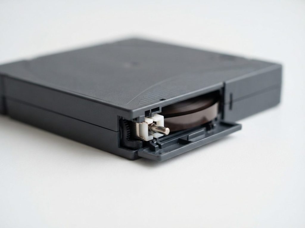 Close-up of an LTO tape cartridge door with the leader pin visible, a common failure point in tape data recovery