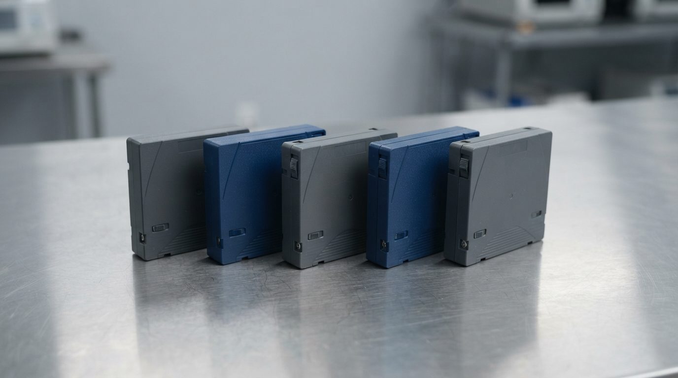 Several unlabelled LTO tape cartridges on a stainless steel surface, illustrating LTO tape data recovery