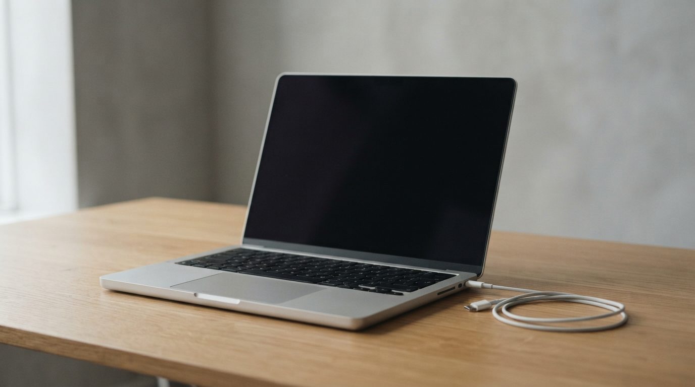 Silver laptop with a dark screen and an unplugged charging cable, showing a Mac that won't turn on