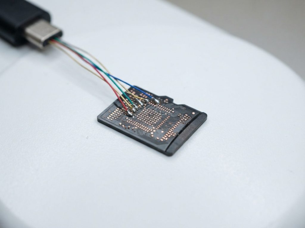 Underside of a monolithic microSD card with coating removed, showing copper test pads wired for chip-off recovery