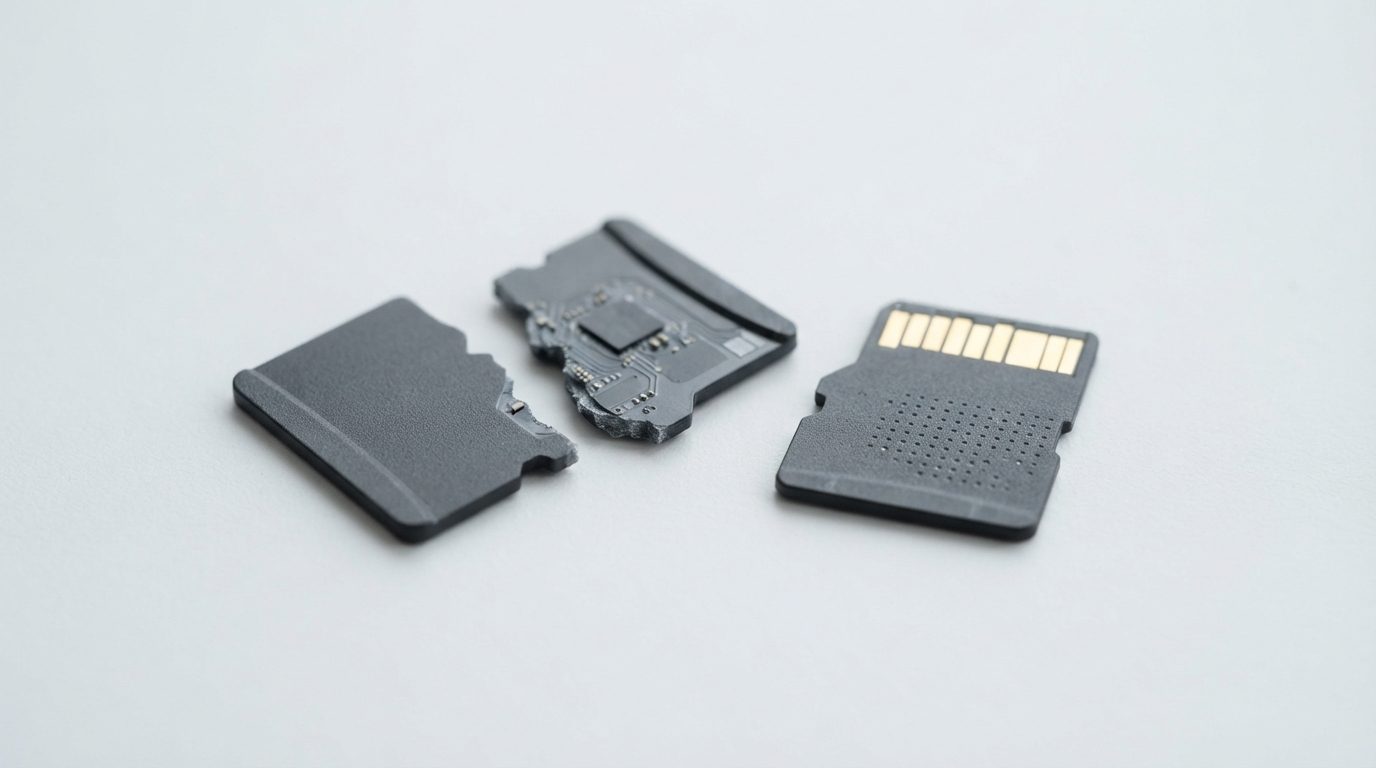 Snapped microSD card in two pieces next to an intact microSD card on a clean white surface