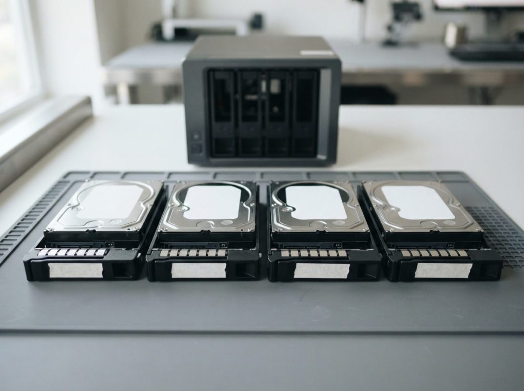 NAS hard drives removed in their trays and lined up in bay order after a NAS drive failure