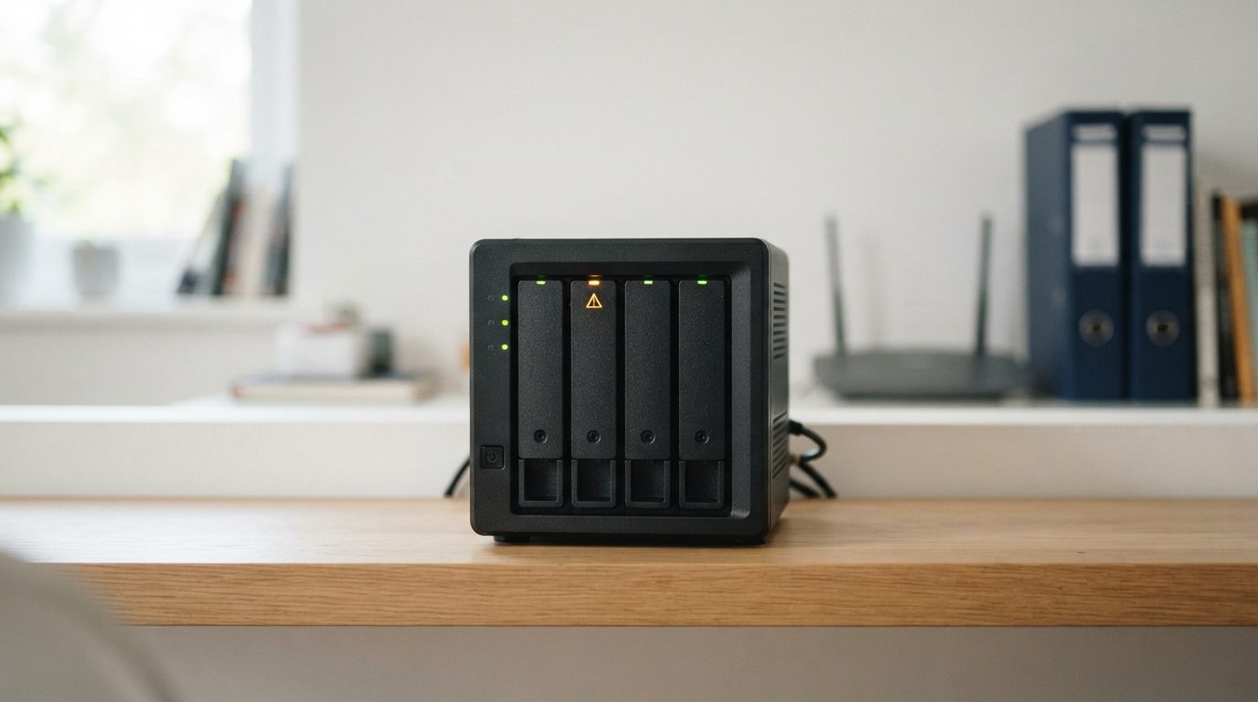 Four-bay NAS enclosure on an office shelf with one amber drive light signalling a NAS drive failure