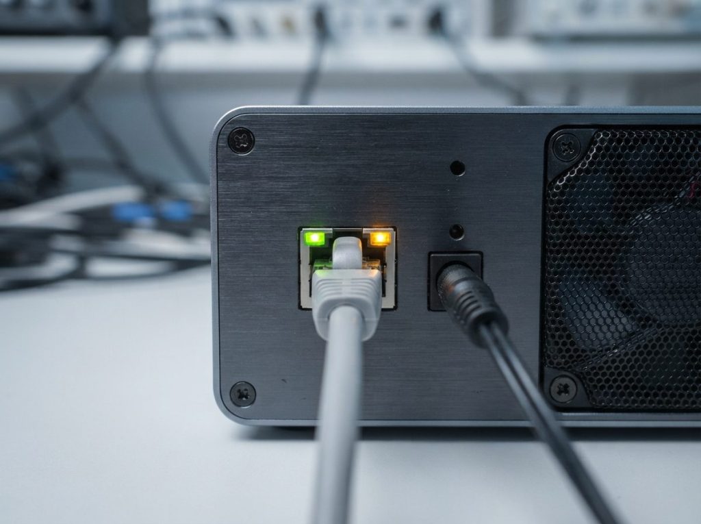 Rear Ethernet port of a NAS with link lights on, a first check when the NAS is not showing on the network