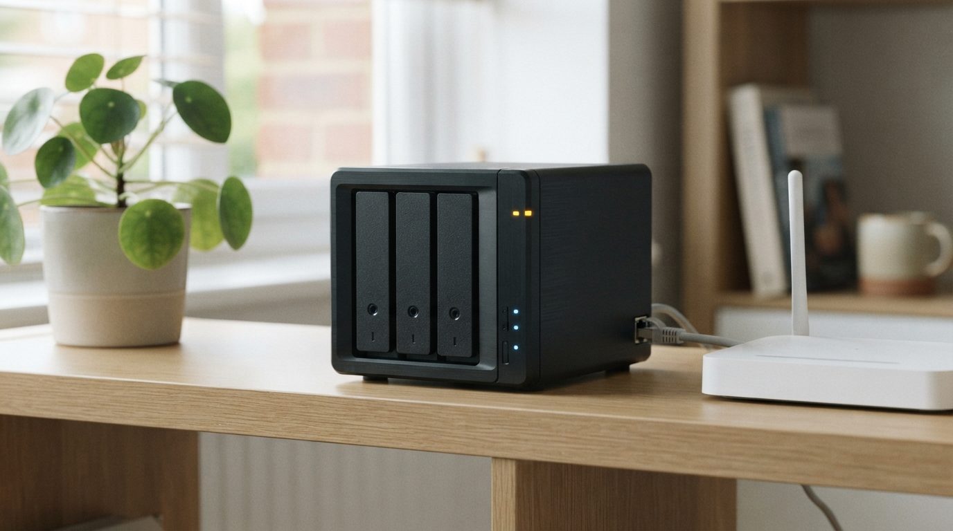 Multi-bay NAS on a home office shelf beside a router, linked by Ethernet cable, with one amber status light